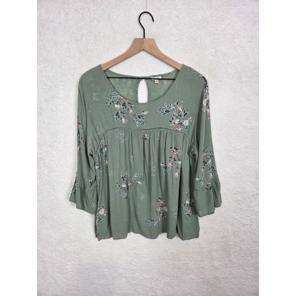 Eyeshadow Floral Lace Back Peasant Top 3/4 Bell Sleeve 0X Boho Eyelet Blouse